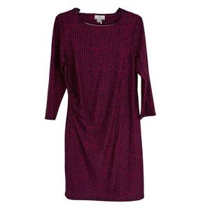 JUDE CONNALLY Dress Ruched Size Large Pink Blue Long Sleeves Pullover Stretch